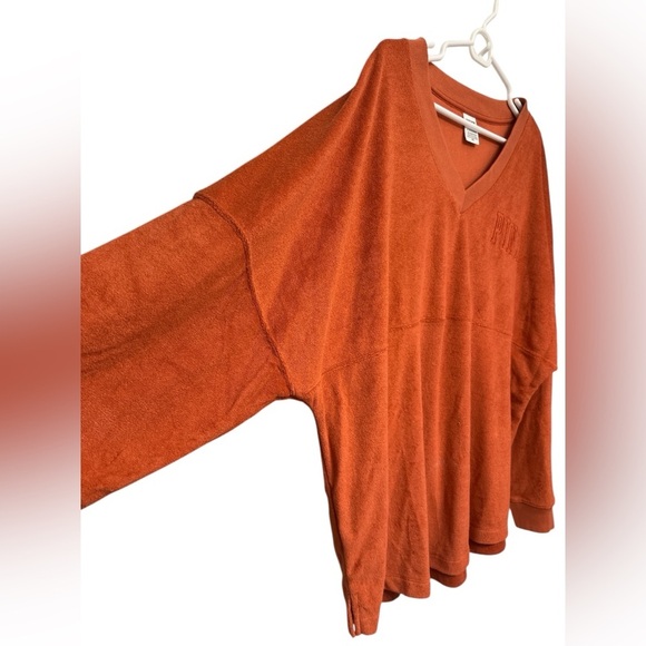 Victoria’s Secret PINK  Orange Sweatshirt Varsity Terry V-Neck Oversized - Picture 3 of 6
